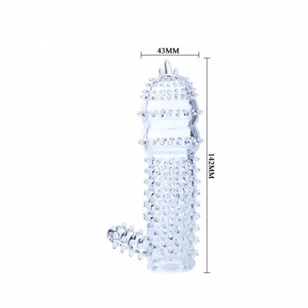 Прозрачная насадка на пенис с шипами и стимулятором клитора - 14,2 см.